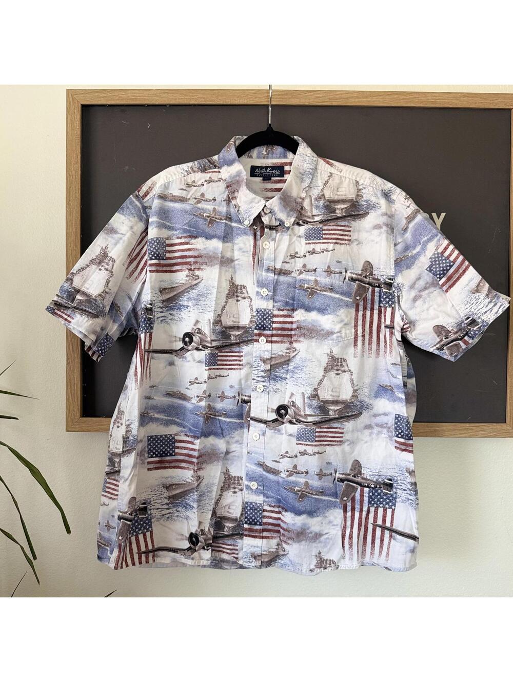 White Americana Flag Airplane Print Button Up Shirt Red Blue North River XL